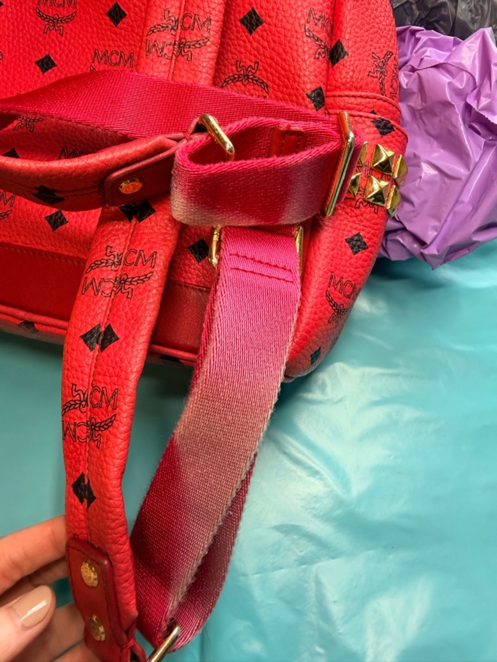 MCM Red Logo-Print Leather Backpack with Gold Hardware - Picture 7 of 7